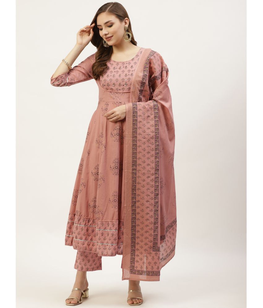     			Yellow Cloud - Peach Anarkali Cotton Women's Stitched Salwar Suit ( Pack of 1 )