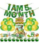 Zyozi Jungle Theme 5th Month Birthday Decoration Kids,I AM 5th Month Birthday Banner with Latex Balloons, Cake Topper and Cup Cake Topper for Baby Boy or Girl Birthday (Pack of 37)