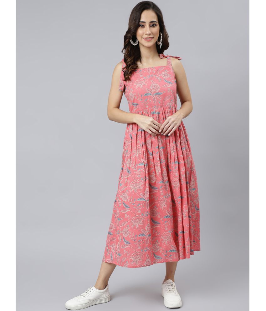 Janasya - Pink Cotton Women's Fit & Flare Dress ( Pack of 1 )