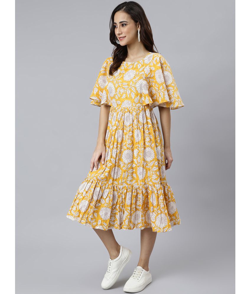 Janasya - Yellow Cotton Women's Fit & Flare Dress ( Pack of 1 )
