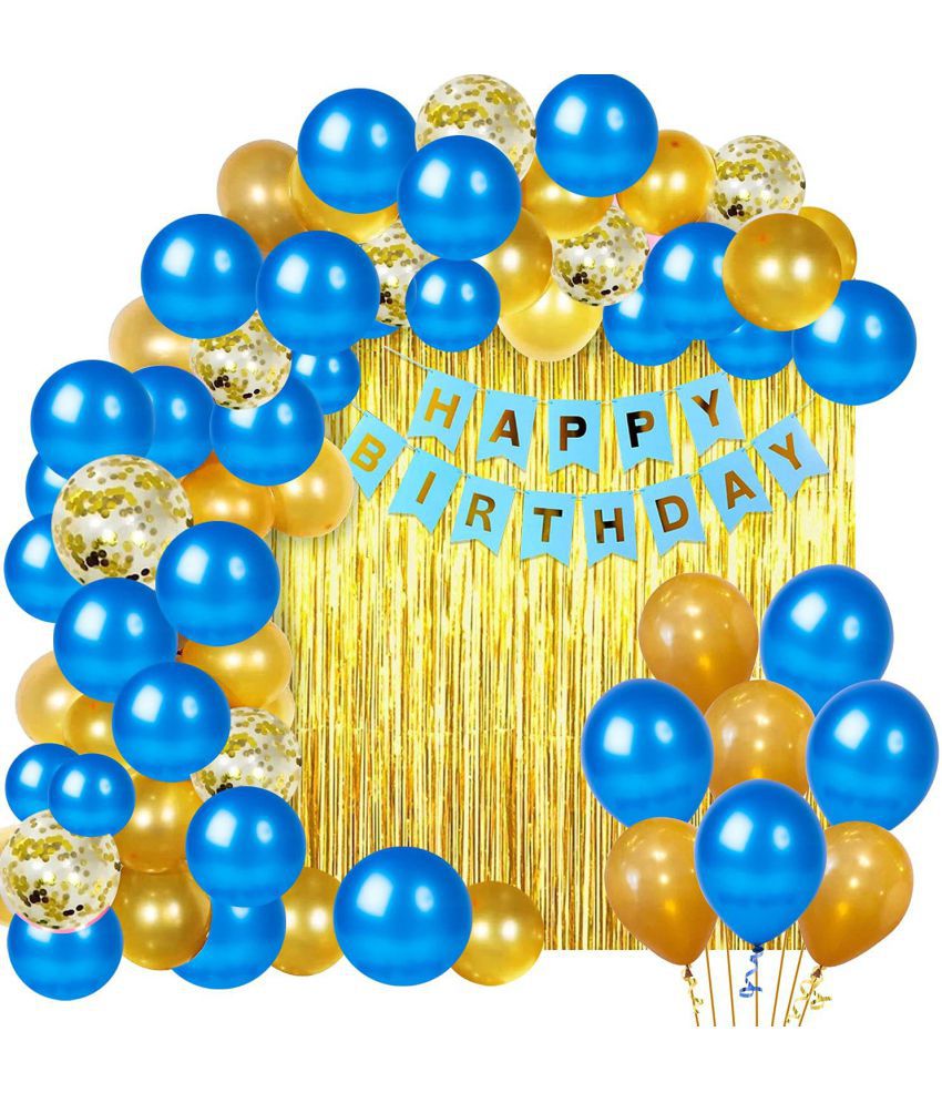     			Party Propz Blue Happy Birthday Decoration Kit Combo - 46pcs Birthday Bunting Golden Foil Curtain Metallic Confetti Balloons With Hand Balloon Pump And Glue Dot for Boys Adult Husband Grand Father Dad