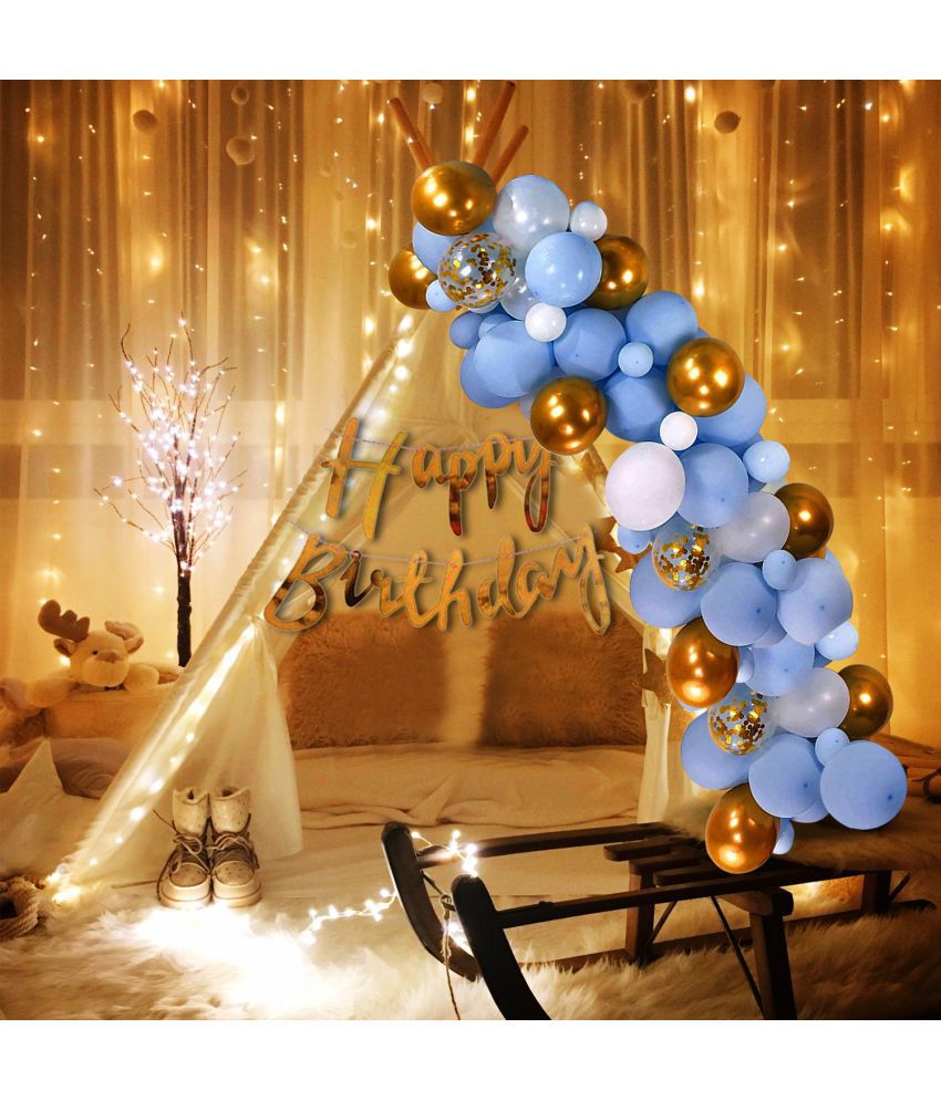     			Party Propz Decoration Items For Birthday -26Pcs Combo With White Net, Led Fairy Lights And Blue/White/Golden Balloons - Background Decoration Items, Birthday Decoration Items,Cabana Tent Decoration