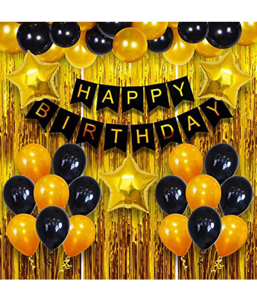     			Party Propz Happy Birthday Banner with Golden Shiny Curtains Black with Latex and Star Foil Balloons for Birthday Decoration Combo Set of 25 Pcs