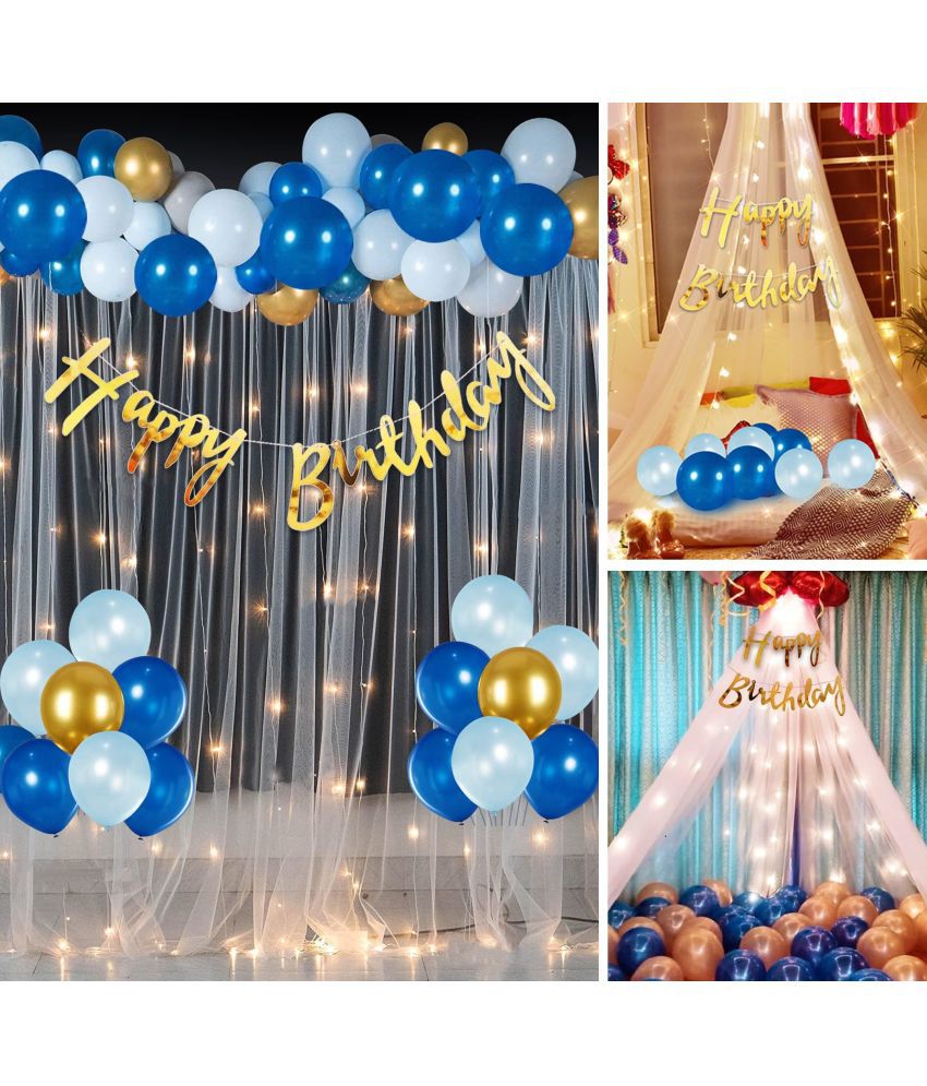     			Party Propz Happy Birthday Decoration Set With White Net Decoration, Blue & Golden Birthday Balloons For Decoration, Light, Happy Birthday Foil Banner, Cabana Tent Birthday Decorations For Boys