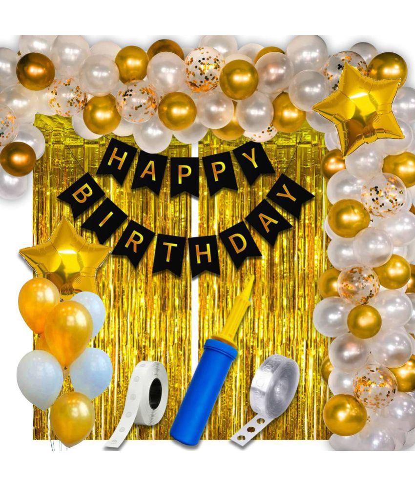     			Party Propz Happy Birthday Decoration For Husband Kit Combo Set - 63pcs Birthday Bunting Golden Foil Curtain Metallic Confetti Balloons With Balloon Pump & Glue Dot - Happy Birthday Decorations Items