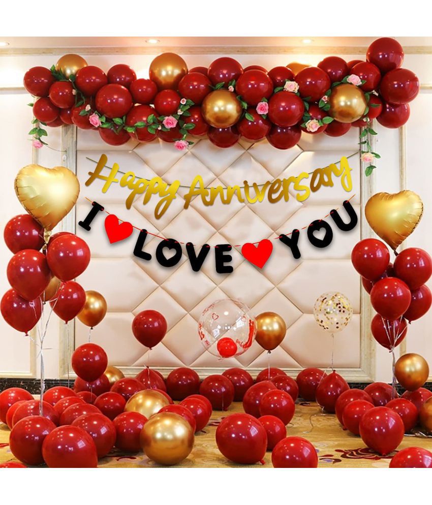     			Party Propz Red I Love You Decoration Happy Anniversary Combo Kit 45Pcs Heart Foil Balloon Red -Gold Metallic Balloon,For Adult, husband, Wife Birthday Party Decoration