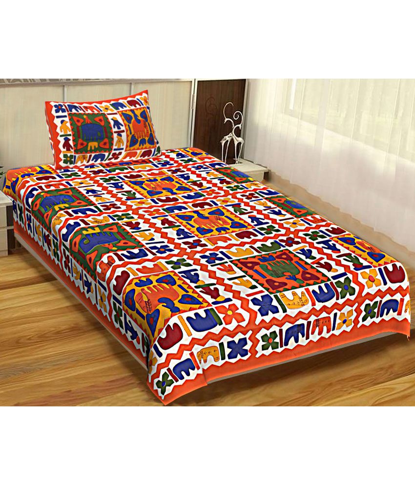     			Uniqchoice - Orange Cotton Single Bedsheet with 1 Pillow Cover