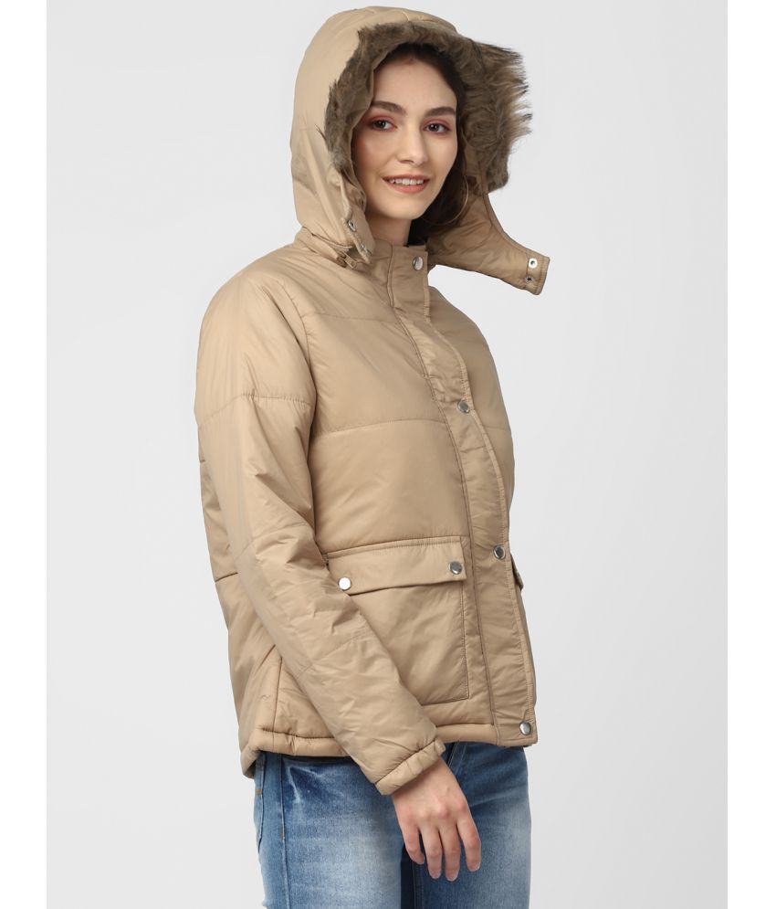 UrbanMark Women Full Sleeves Jacket with Faux Fur Hood -Beige