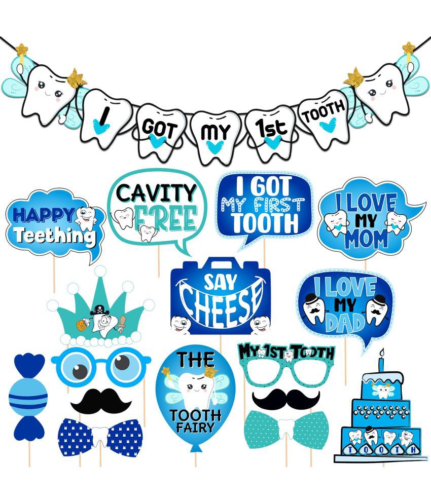     			Zyozi 16 Pcs I Got My First Tooth Photo Booth Party Props 1 Set I Got My First Birthday Banner /Colour Stylish Font/First Tooth Decoration/First Tooth Decoration Items for Baby/Rice Ceremony Props  (Pack of 17)