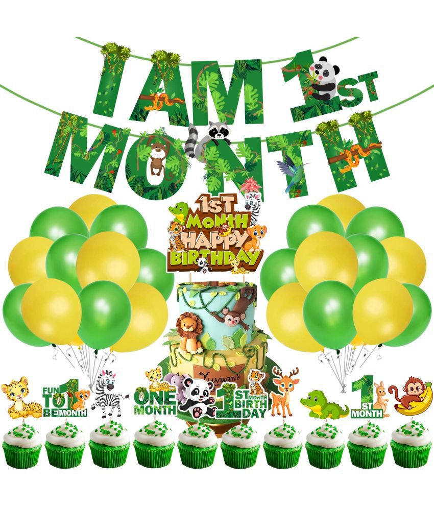     			Zyozi Jungle Theme 1st Month Birthday Decoration Kids,I AM 1st Month Birthday Banner with Latex Balloons, Cake Topper and Cup Cake Topper for Baby Boy or Girl Birthday (Pack of 37)