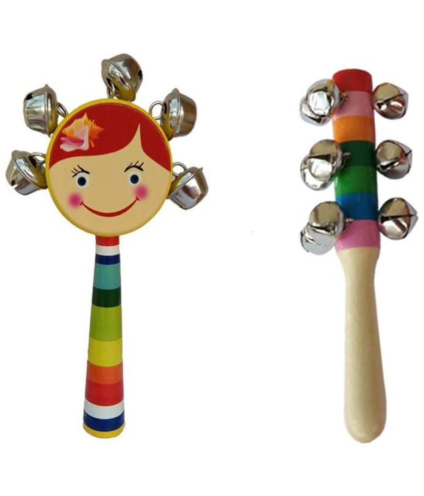     			Channapatna Toys Wooden Baby Rattle Toys for infants/new born babies (0+ Years) - Jingle Bell & Face Rattle set of 2 pcs - Discover Sounds, Develops Sensory Skills