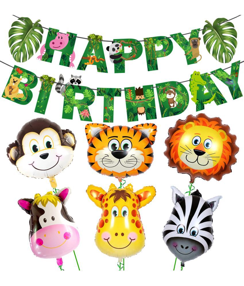     			Zyozi Jungle Safari Happy Birthday Decoration Kids,Animal Birthday Party Decoration Banner with Latex Balloons, Cake Topper and Cup Cake Topper for (Pack of 7)