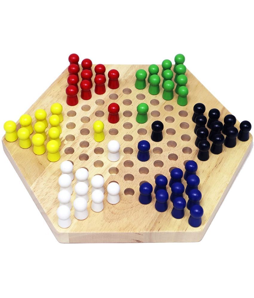 Channapatna Toys Wooden Chinese Checkers Hexagon Board with Wooden Marbles Board Games Superb