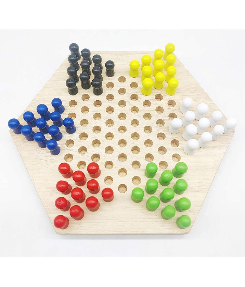 Channapatna Toys Wooden Chinese Checkers Hexagon Board with Wooden Marbles Board Games Superb