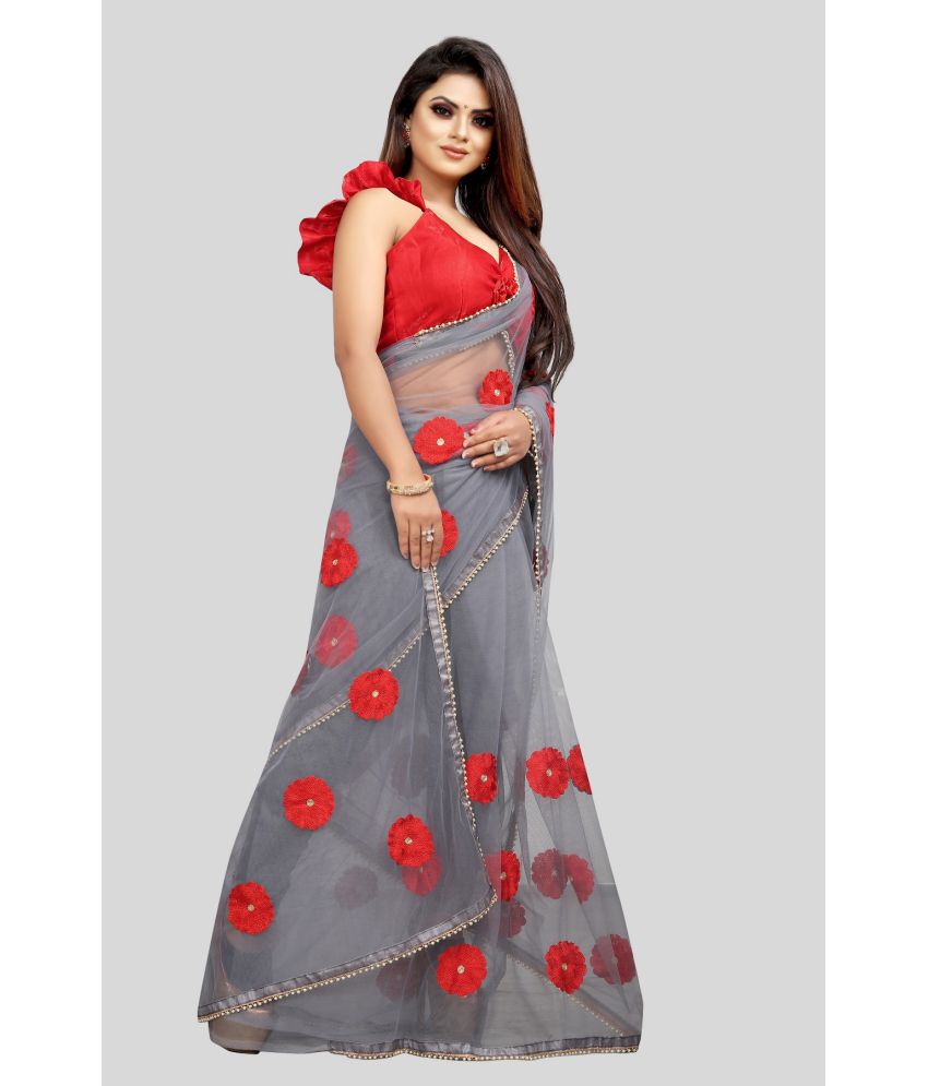     			Gazal Fashions - Grey Net Saree With Blouse Piece ( Pack of 1 )