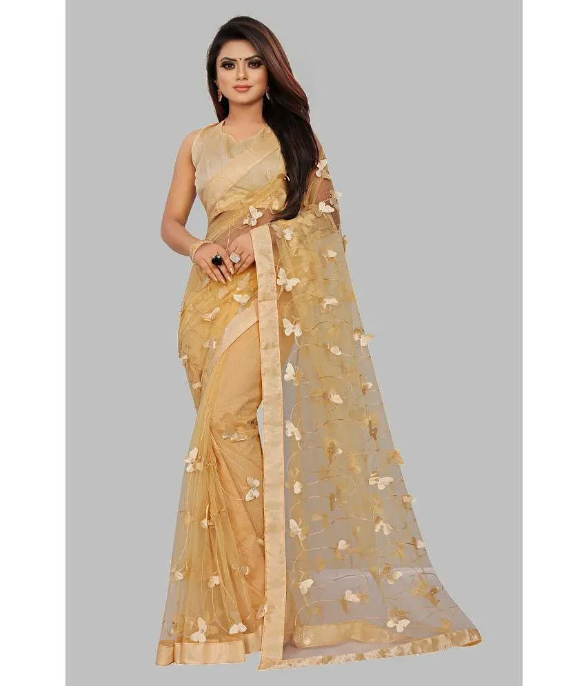 Gazal Fashions Cream Net Saree With Blouse Piece Pack of 1