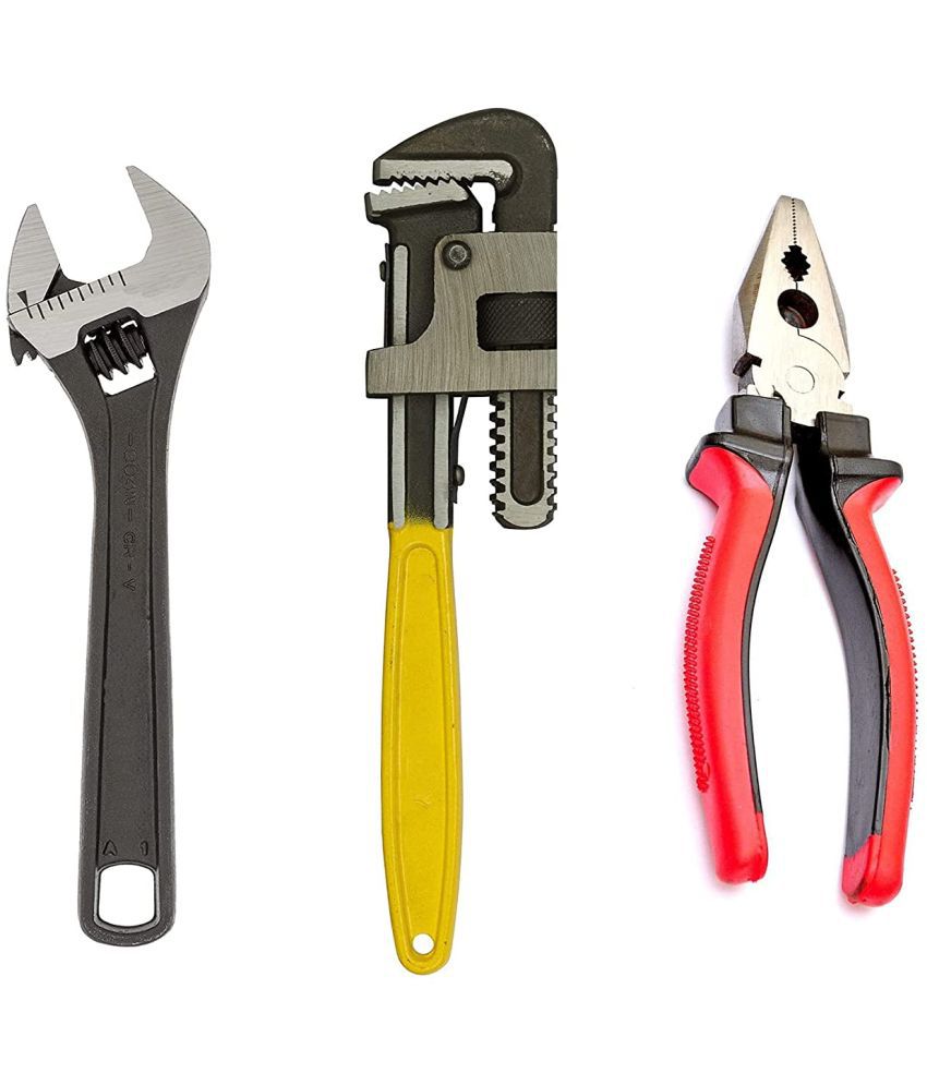     			Kadio Hand Tools Combo Set With 8" Adjustable Wrench, 12" Pipe Wrench And 8" Rubber Grip Combination Plier, Vehicle Tool Kit Set (Pack of 3)
