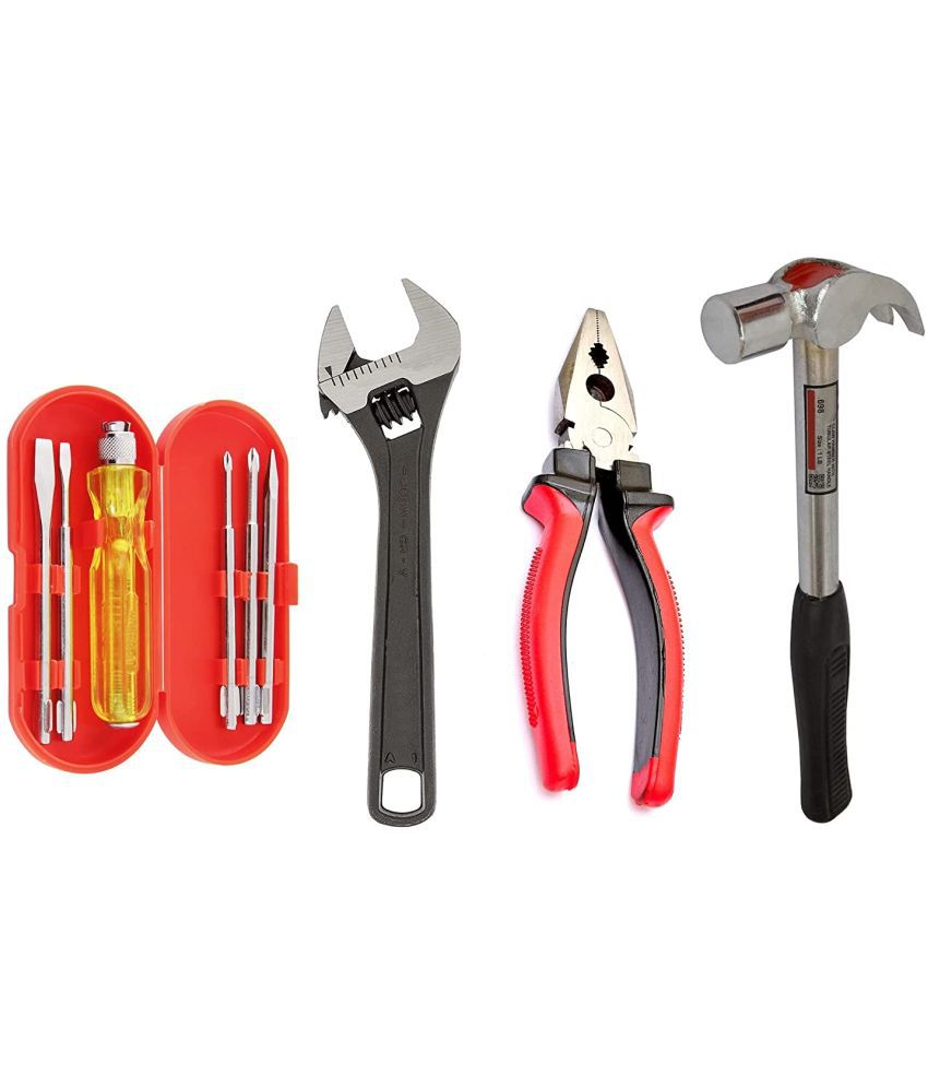     			Kadio Hand Tools Combo Set With 8" Adjustable Wrench, 8" Rubber Grip Combination Plier, Claw Hammer, 5 Pcs Screwdriver Set With Box  (Set of 4)