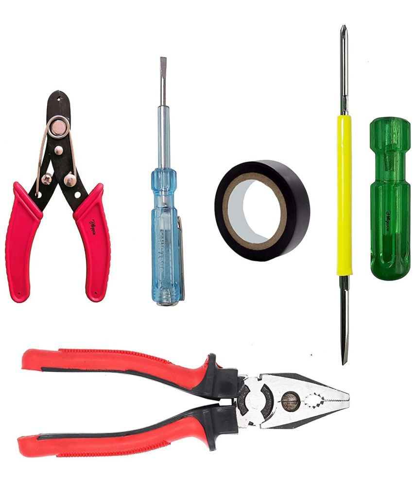    			Kadio Hand Tools Combo Set With 8" Rubber Grip Combination Plier,Wire Cutter, Tester, Tape, 2in 1 Reversible Screwdriver (Set of 5)