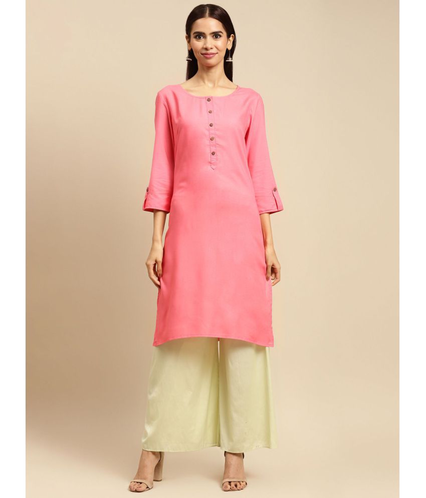     			Rangita Women Rayon Pink Solid Knee Length Straight Kurti With Sleeves Tabs
