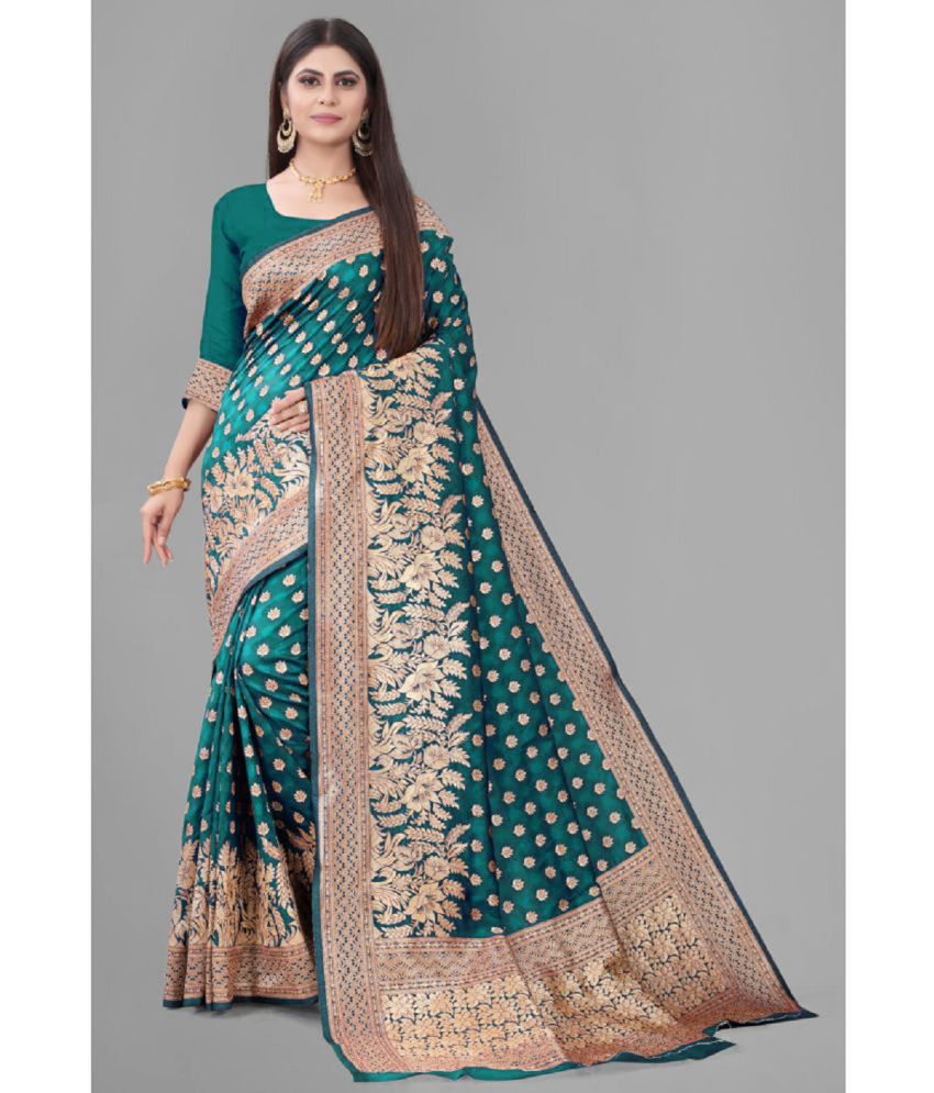     			Gazal Fashions - Rama Banarasi Silk Saree With Blouse Piece ( Pack of 1 )