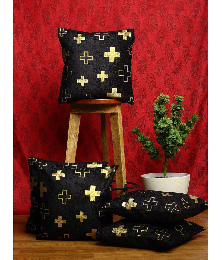     			HOMETALES Pack of 5 Velvet Geometric Foil Printed Square Cushion Cover 40x40 Cm Black