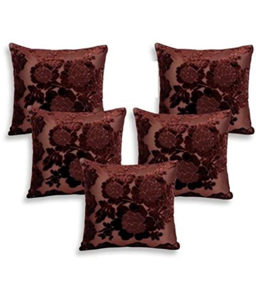    			HOMETALES Pack of 5 Velvet Floral Jacquard Square Cushion Cover (40x40)Cm Coffee