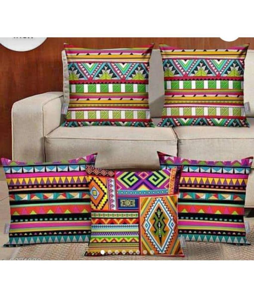     			HOMETALES Pack of 5 Jute Geometric Printed Square Cushion Cover 40X40 Cm Multicolor