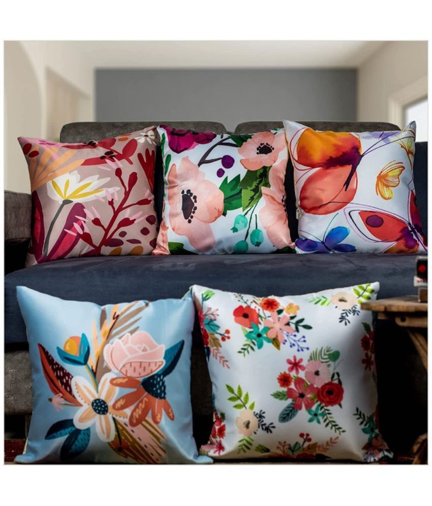     			HOMETALES Pack of 5 Jute Floral Printed Square Cushion Cover 40X40 Cm Multicolor