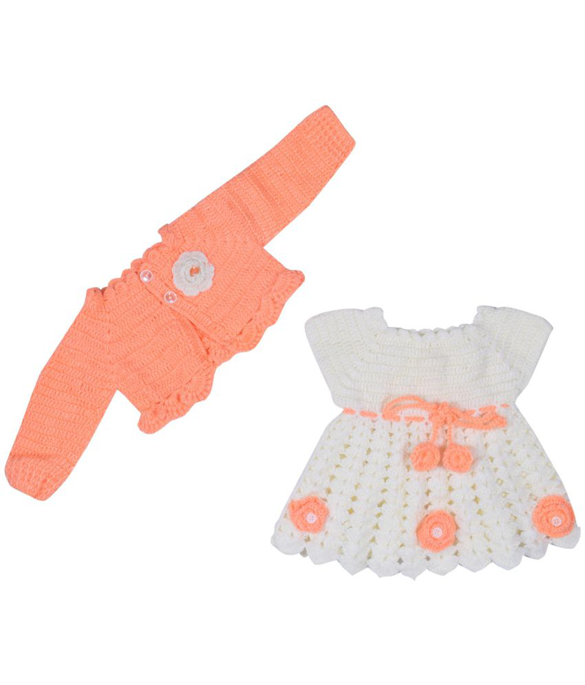     			Handmade Orange Cream Frock Sweater with Cap Girls for Wedding Birthday Party Photography Baby Showers New Born 0M-3Y Made in India Color: Multicolor