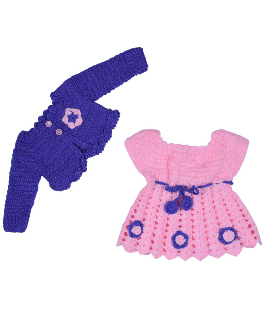     			Handmade Pink Purple Frock Sweater with Cap Girls for Wedding Birthday Party Photography Baby Showers New Born 0M-3Y Made in India Color: Multicolor