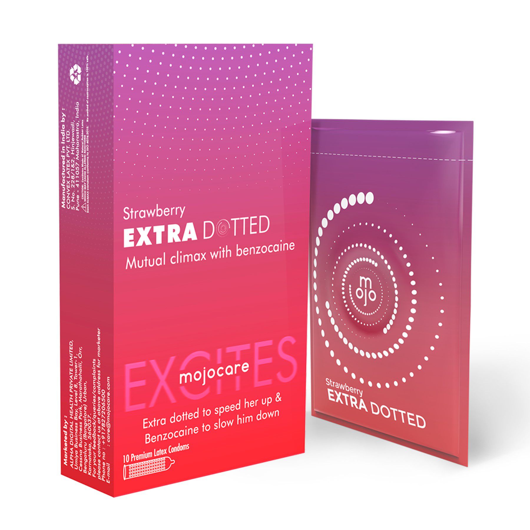 Mojocare Excites - Strawberry Extra Dotted Condoms - Pack of 10, Strawberry Flavored Condoms for Men