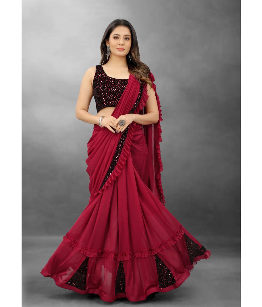     			Aika - Maroon Lycra Saree With Blouse Piece ( Pack of 1 )