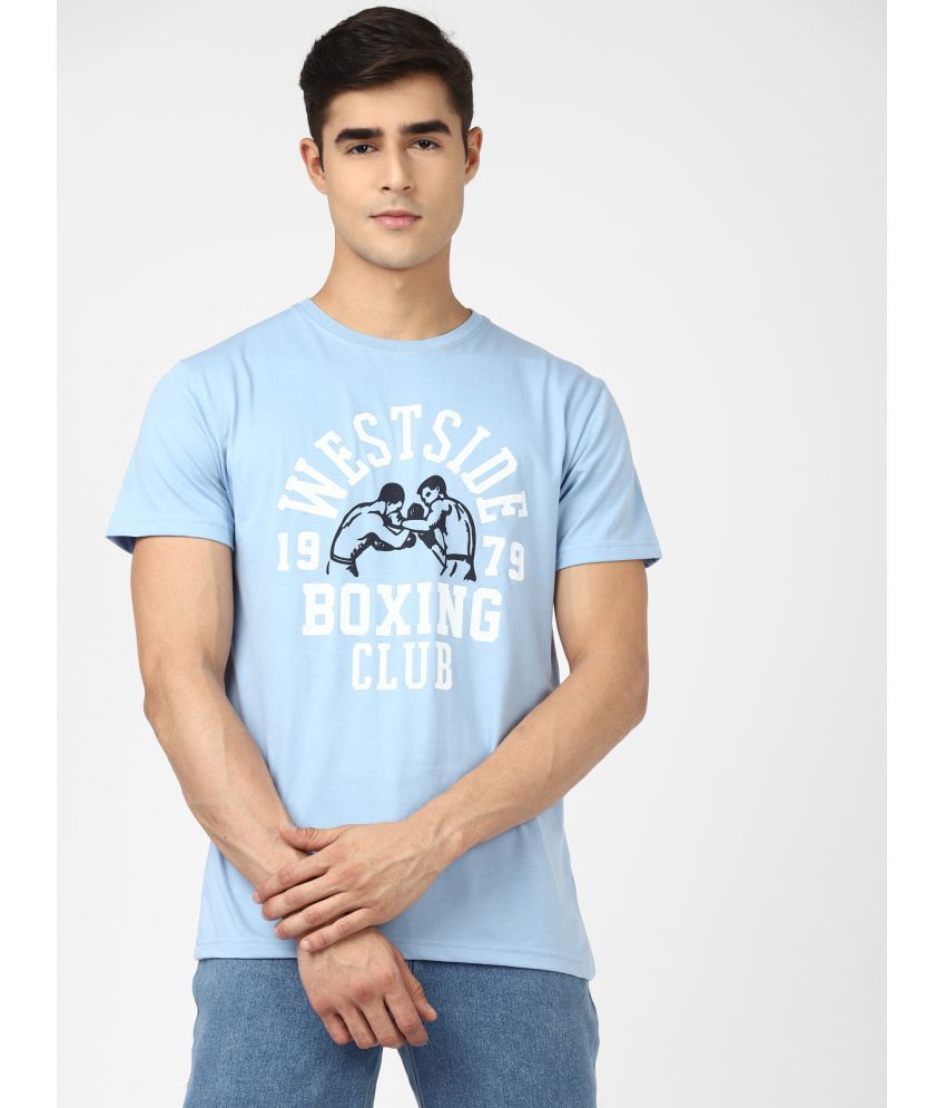     			UrbanMark Men Regular Fit Round Neck Half Sleeves Text Print T Shirt-Sky Blue