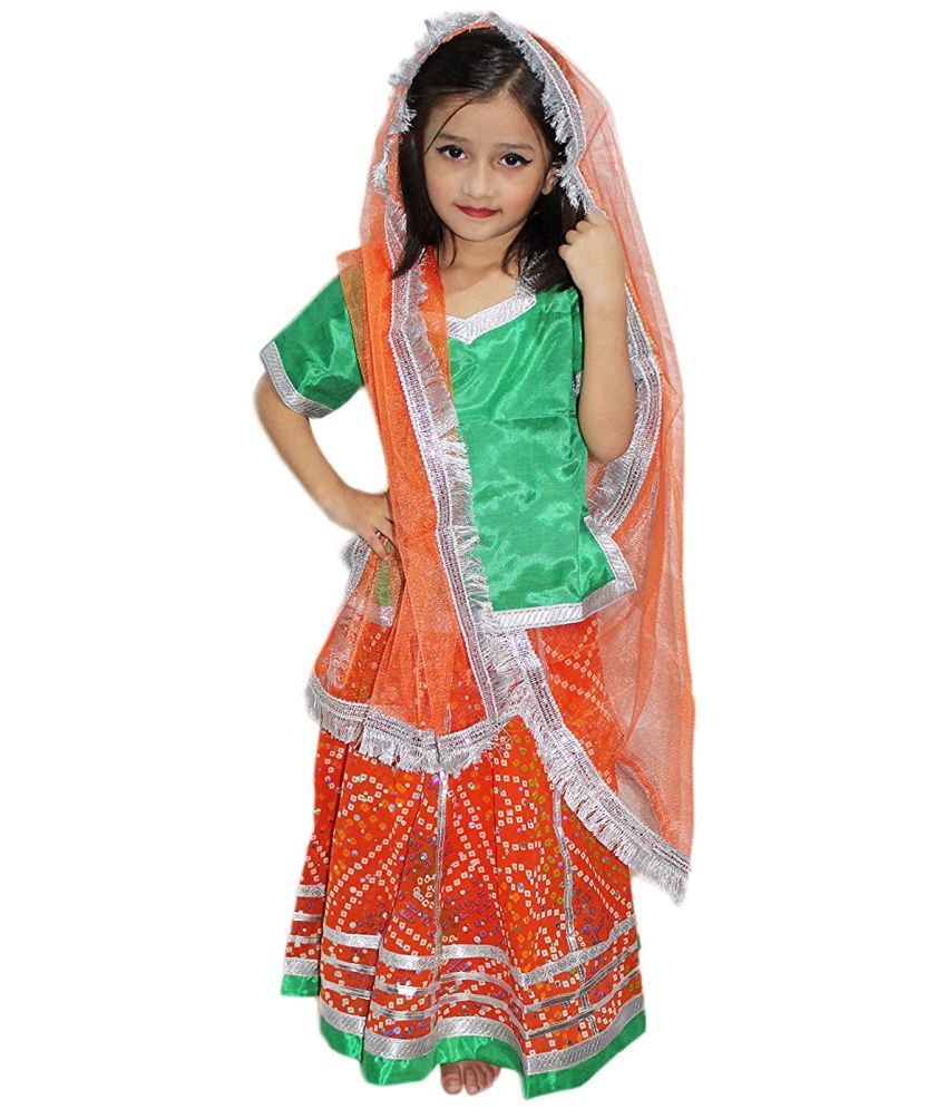     			Kaku Fancy Dresses Indian State Rajasthani Folk Dance Costume for Kids / Lehenga Choli Costume Set - Orange, for Girls