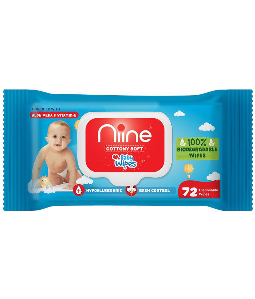    			Niine Cottony Soft Biodegradable Baby Wipes with LID, Enriched Goodness of Aloe Vera and Vitamin E, 72 Wipes/Pack (Pack of 1)