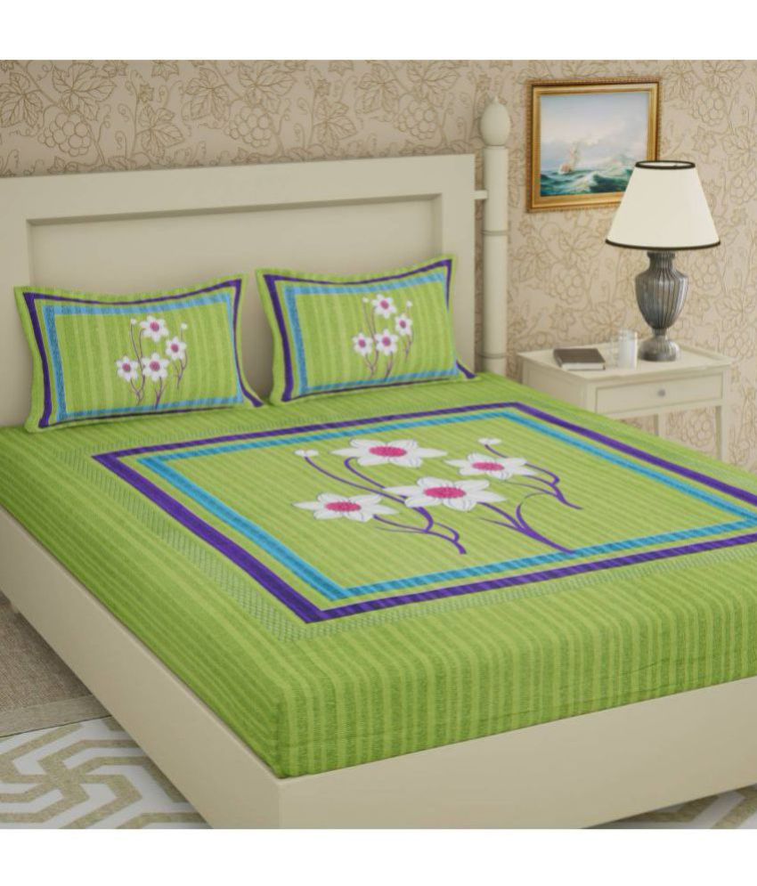     			Frionkandy Cotton Floral Printed Queen Bedsheet with 2 Pillow Covers - Green
