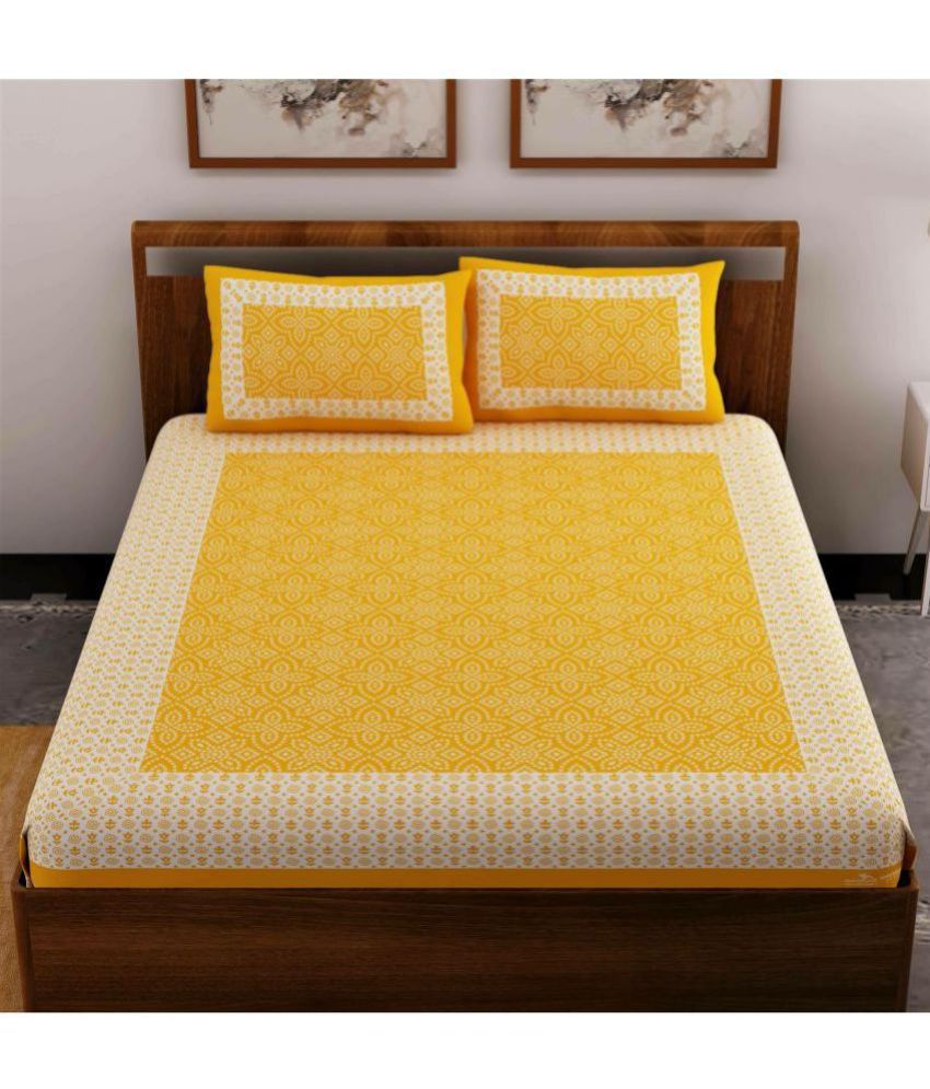     			Frionkandy Cotton Ethnic Printed Queen Bedsheet with 2 Pillow Covers - Yellow