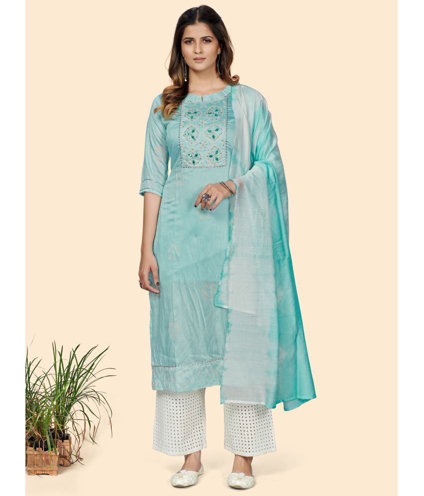     			Vbuyz - Turquoise Chanderi Women's Straight Kurti ( Pack of 1 )