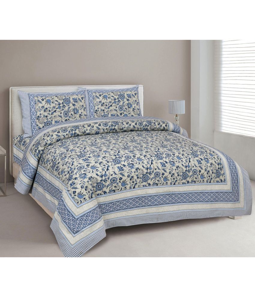     			Uniqchoice - Blue Cotton King Size Bedsheet With 2 Pillow Covers