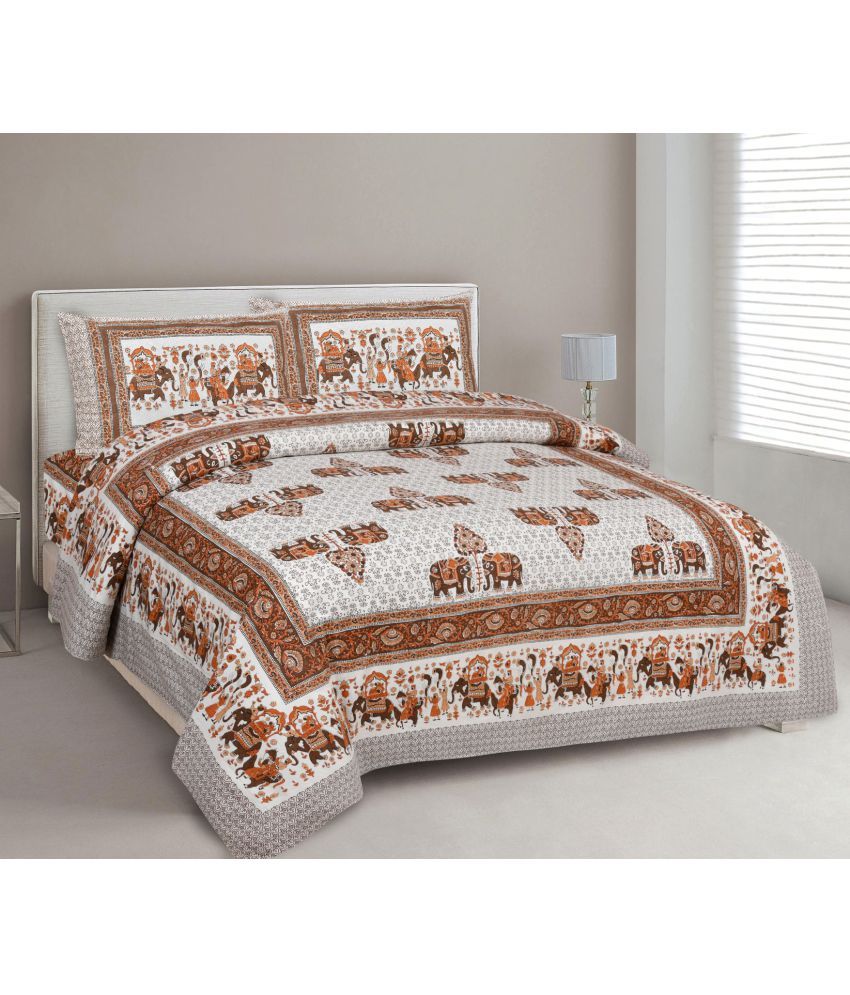     			Uniqchoice - Orange Cotton King Size Bedsheet With 2 Pillow Covers