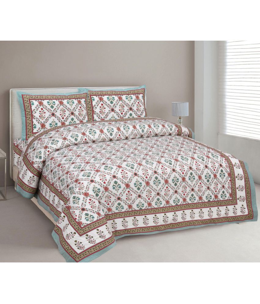     			Uniqchoice - Turquoise Cotton Double Bedsheet with 2 Pillow Covers