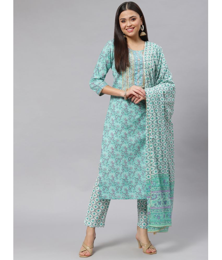     			Divena - Sea Green Straight Cotton Women's Stitched Salwar Suit ( Pack of 1 )