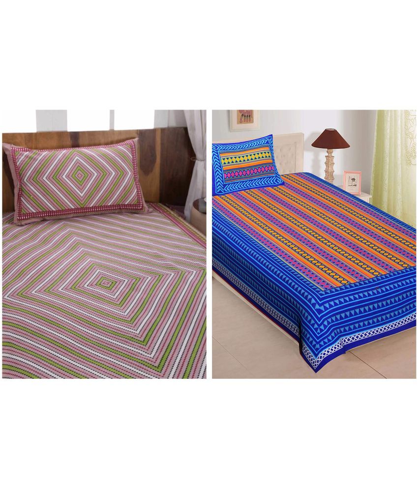     			Uniqchoice - Multicolor Cotton 2 Single Bedsheets with 2 Pillow Covers