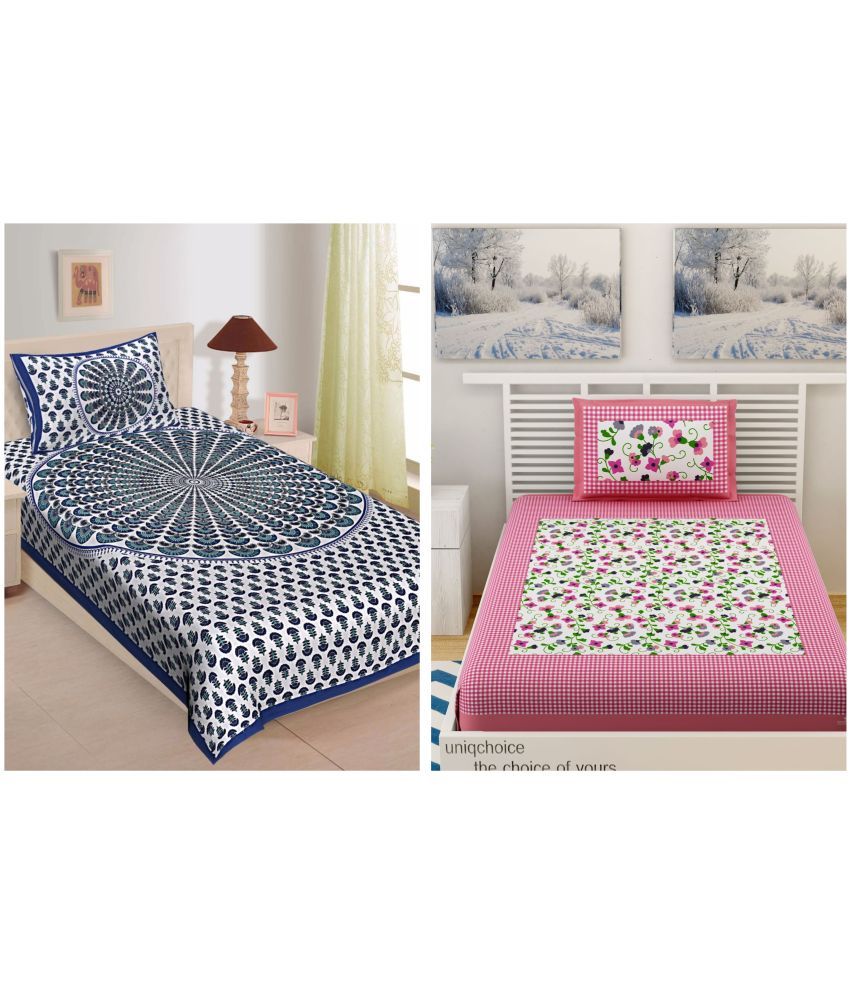     			Uniqchoice - Multicolor Cotton 2 Single Bedsheets with 2 Pillow Covers