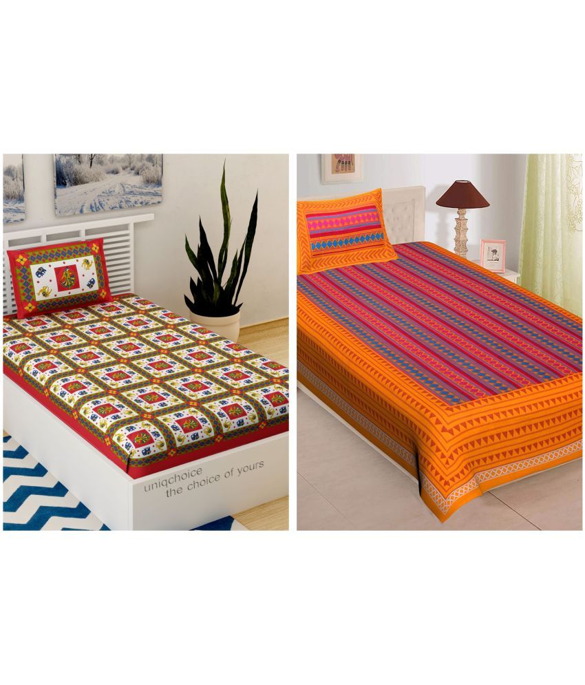     			Uniqchoice - Multicolor Cotton 2 Single Bedsheets with 2 Pillow Covers