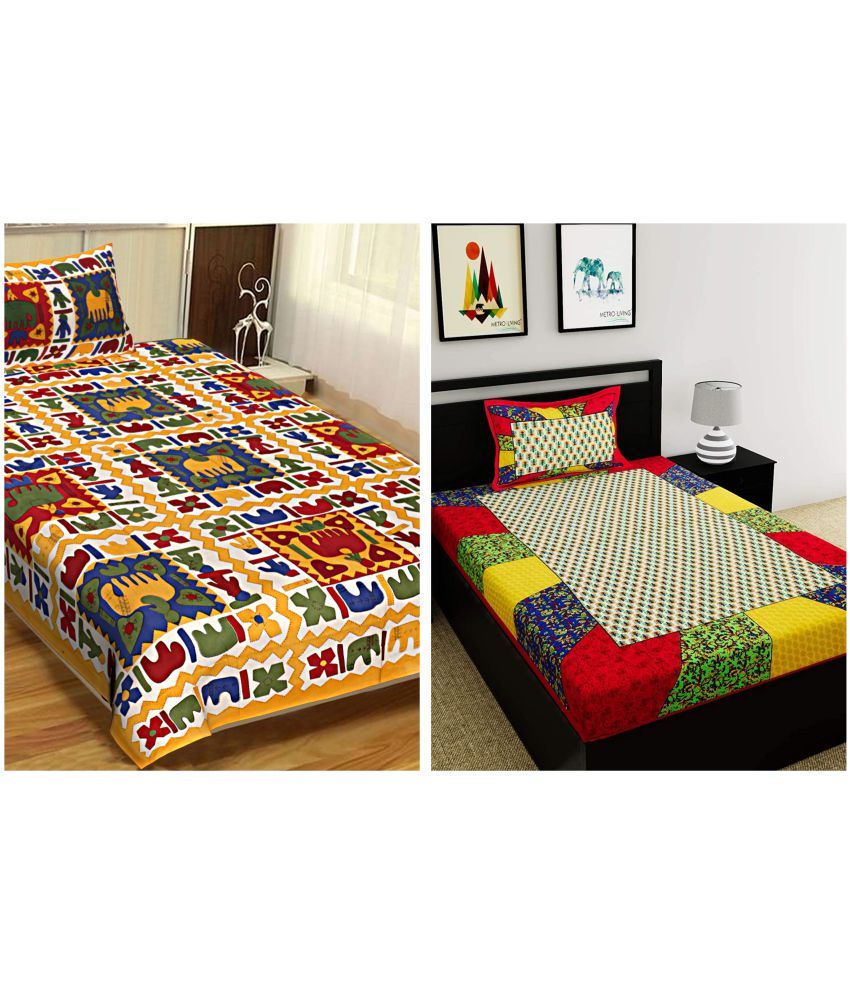     			Uniqchoice - Multicolor Cotton 2 Single Bedsheets with 2 Pillow Covers