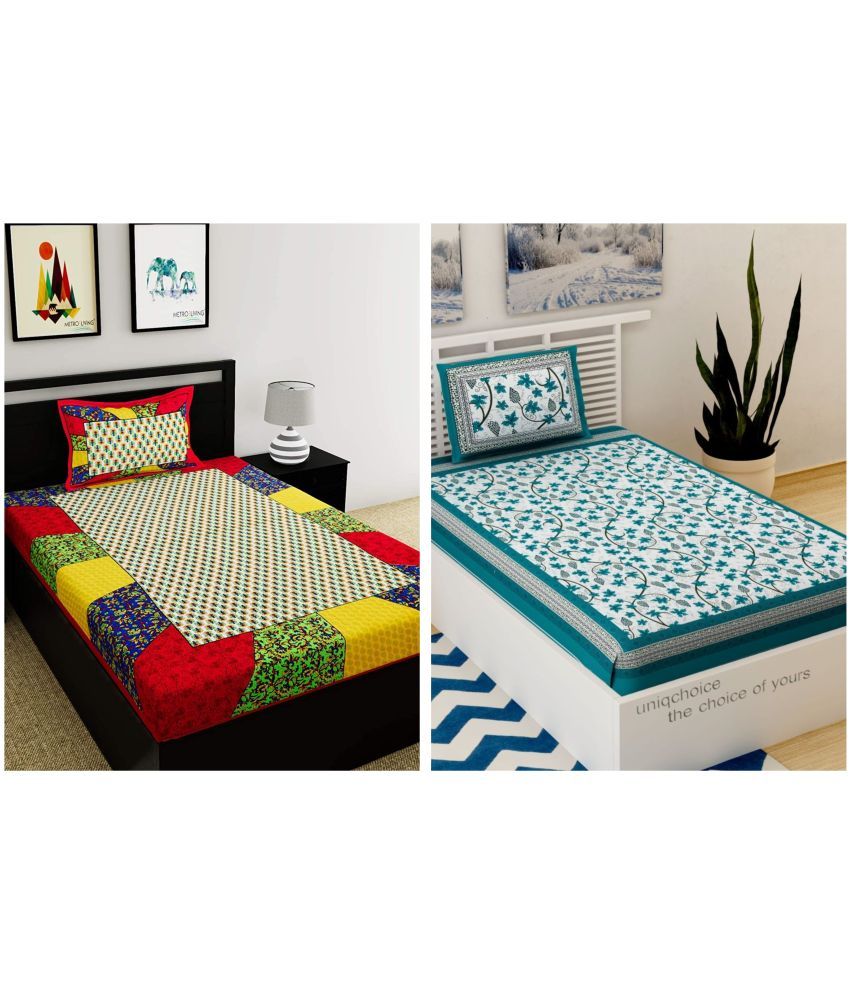     			Uniqchoice - Multicolor Cotton 2 Single Bedsheets with 2 Pillow Covers