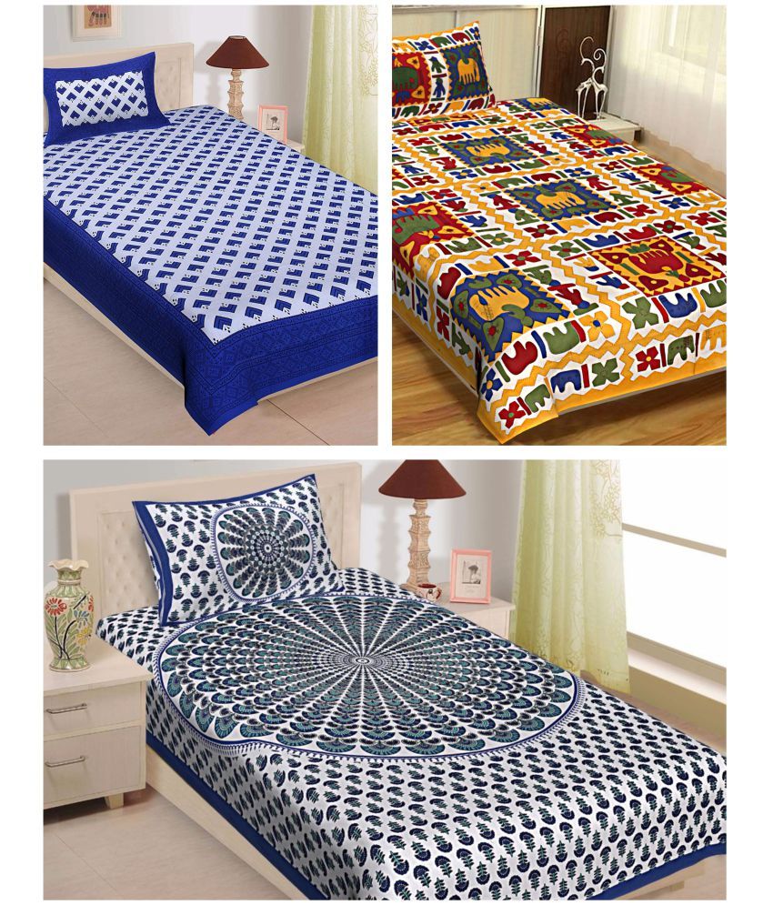     			Uniqchoice - Multicolor Cotton 3 Single Bedsheets with 3 Pillow Covers