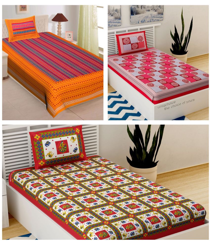    			Uniqchoice - Multicolor Cotton 3 Single Bedsheets with 3 Pillow Covers